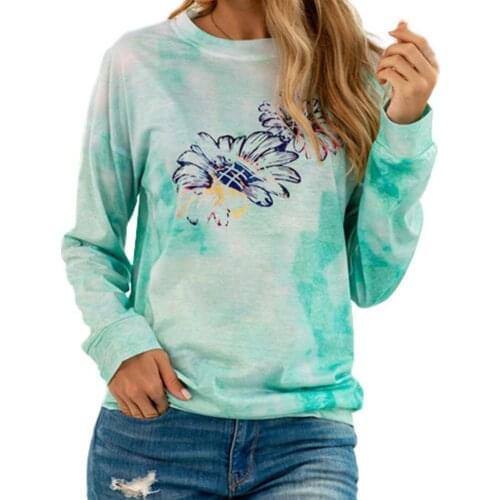 Women Round Neck Long Sleeve Tie-Dye Sunflower Print Loose Blouse Pullover Top
