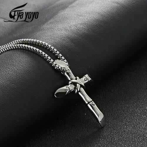 EyeYoYo New Fashion Cross Necklace for Men Jesus Bamboo Cross Pendant Necklace Stainless Steel Necklace Gift Jewelry