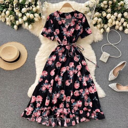 Gagaok Dresses Women 2021 Summer New V-Neck Ruffles High Street Empire Print Midi Dress Slim Fashion Elegant Chic Vestidos
