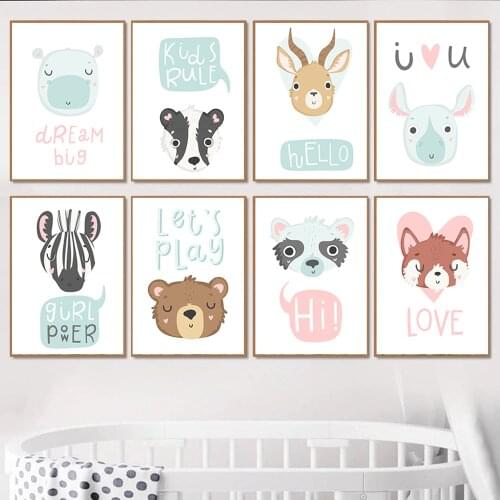 Cute Animals Baby Nursery Wall Art Poster Canvas Print Collection Painting Decorative Picture Nordic Girl Kids Bedroom Decor