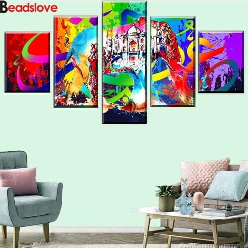 5 Pieces diy 5d diamond painting Abstract Taj Mahal Indian Elephant animal diamond embroidery Multi Panel Pictures,home decor