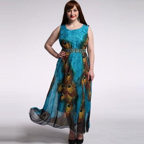 New summer womens dresses peacock print bohemian dresses beach dress european Party-dresses o-neck plus size M-8xl size 5241