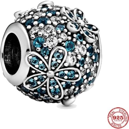 New 925 Sterling Silver Beads Teal Pavé Daisy Flower Charm Fits Original Pandora Bracelets DIY Jewelry Making For Women Gifts