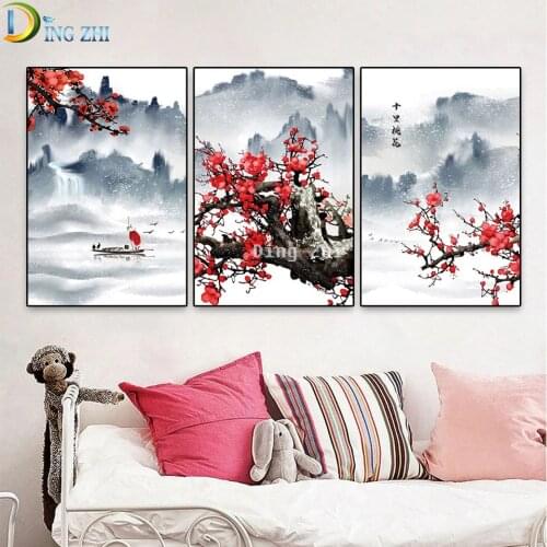 Landscape Ink Painting Diamond Embroidery Plum Blossom,5D DIY Diamond Painting Square Round Drill Mosaic Cross Stitch Triptych