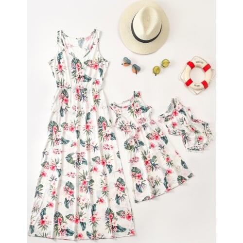 Family Mother and Daughter Matching Dresses Flower Print Mom and Me Clothes Tank Baby Girls Party Dress Family Matching Outfits