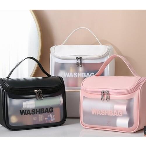 Transparent PVC Women Cosmetic Bag Large Capacity Travel Toiletries Storage Organize PU Make Up And Wash Bag Handbag