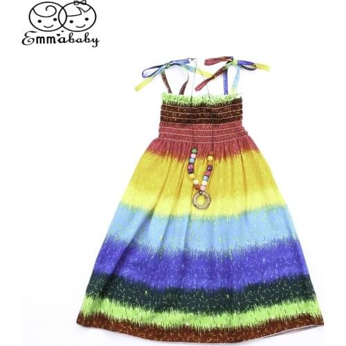 2PCS Toddler Baby Girls Colorful Dress Sleeveless Drawstring Spaghetti Strap Princess Party Dresses Necklace Set Kids Clothes