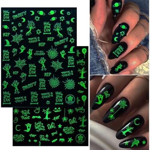 Halloween Theme Skull Pumpkin Luminous Nail Stickers Diy Design Halloween Party Nail Art Decoration Adhesive Nail Tips Decals