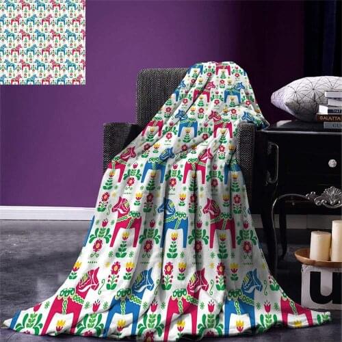 Horses Throw Traditional Swedish Dalecarlian Animal Shapes and Floral Arrangement Scandinavian Warm Microfiber Blanket