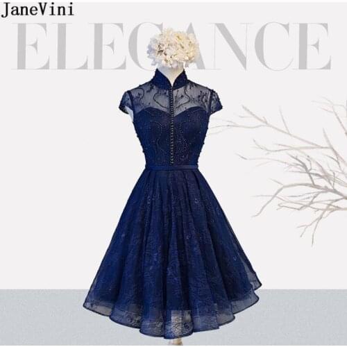 JaneVini Vintage Navy Blue Club Cocktail Dress with Pearls Lace High Neck Red Short Knee Length Formal Party Night Gown sukienka