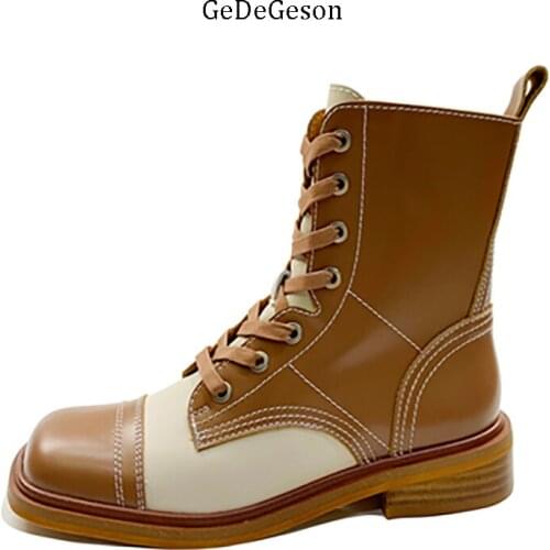 High end Shoes Women Cowhide leather insole Pig skin square heels Fashion Patchwork Mid-calf Boots Ladies Wearing