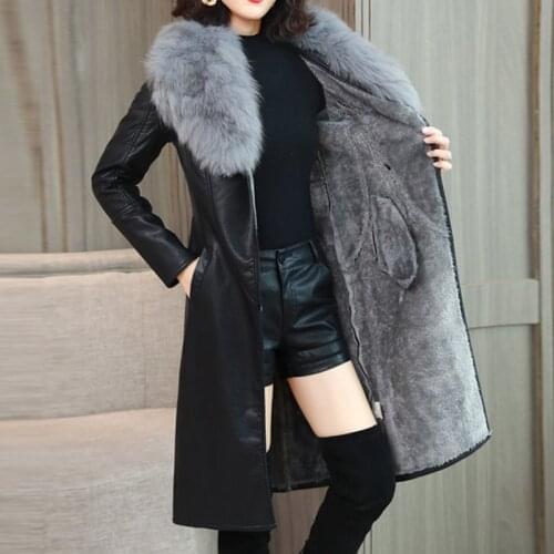 Large Fur Collar Plus Velvet Thick PU Leather Jacket Womens 2020 New Autumn Winter Korean Mid-length Fashion Leather Coat Female