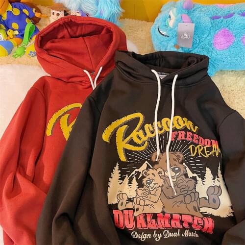 American Vintage Cute Bear Cartoon Hoodie Women Hip Hop Oversized Sweatshirts Kawaii Teens Clothes 2021 Autumn New Harajuku Tops