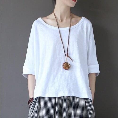 Women art leisure all-match Slub cotton loose Tees Shirts b Bat Sleeve Plus Size White T-shirts Tops Round Neck Half Sleeve