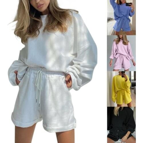 Womens Long Sleeve Yoga Set Loose Tops Drawstring Sports Shorts Two Piece Solid Color Sportswear Running Suit Jogger Tracksuits