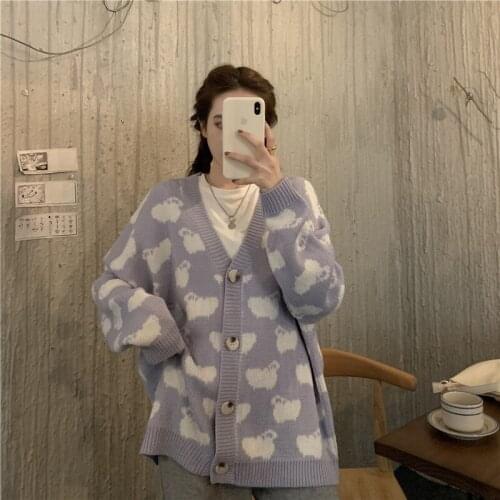 Autumn winter new Korean sheep pattern loose lazy wind v-neck knitted cardigan sweater women