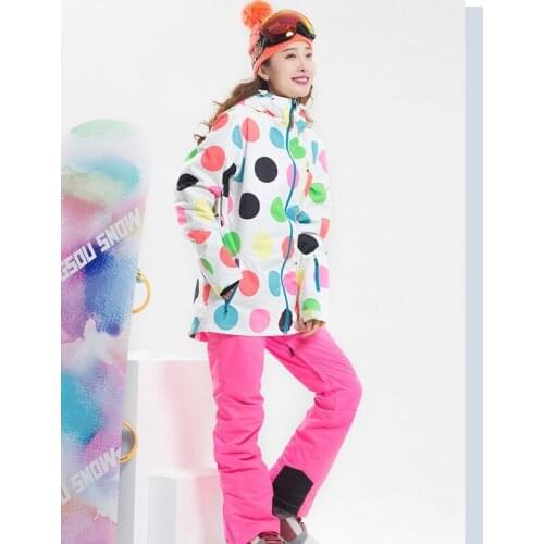 Womens Waterproof 10K Ski Suit Snow Clothes Female Winter Outdoor Sportswear Skiwear White Jacket And Pink Suspender Pants