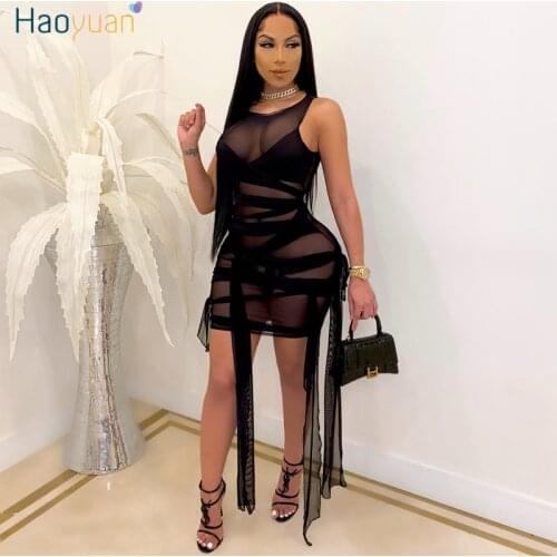 HAOYUAN Plus Size Mesh Sheer Bodycon Bandage Dress Women 2021 Birthday Outfits Y2k Summer Clothes Sexy Night Party Club Dresses