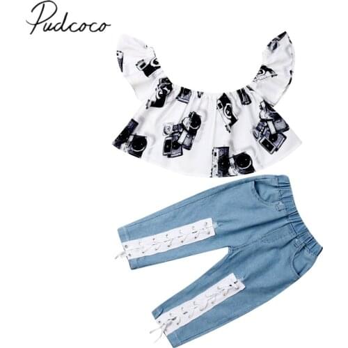 2019 Baby Summer Clothing Children Kids Baby Girl Off Shoulder Tops Shirts +Denim Pants Bandage Jeans 2PCS Outfits Clothes 3-8Y