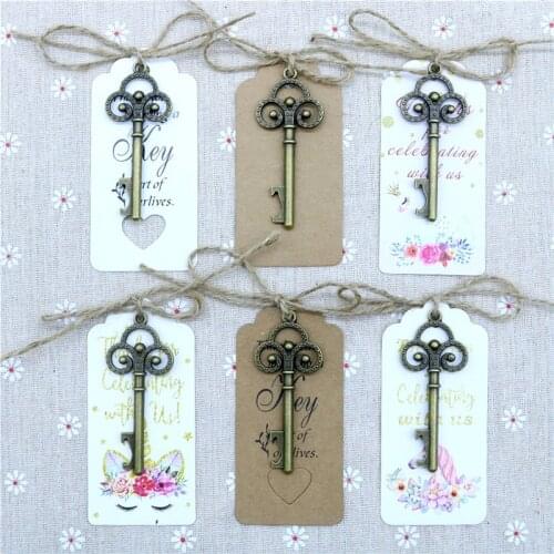 50 Pcs/Lot Bronze Key Bottle Opener DIY Skeleton Wine Opener with Escort Tag Card Rustic Wedding Party Favor Souvenir Gifts