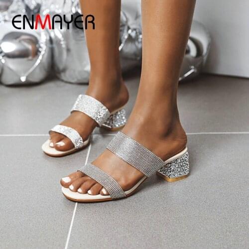 ENMAYER 2020 Sequined Cloth Solid Square Heel Summer Outside Women Slippers Basic Fashion Round Toe Women Shoes Size 34-43