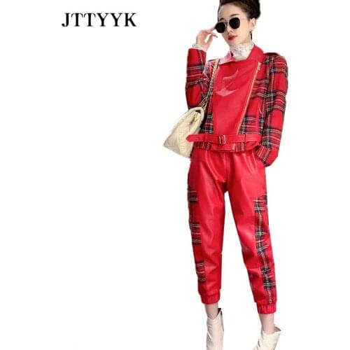 European autumn winter two-piece set suit women pu leather stitching woolen plaid motorcycle jacket 9-point pants 2-piece set