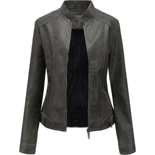 Jackets for Women PU Leather Stand Collar Solid All-match Fleece Warm Jacket Womens Simple Slim Elegant Ladies European Coats