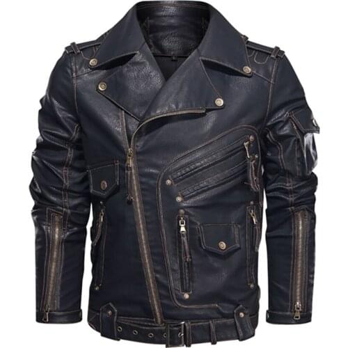 Leather Winter Jacket Men Fashion Motorcycle PU Leather Jacket Cool Zipper Pockets Coats EU Size