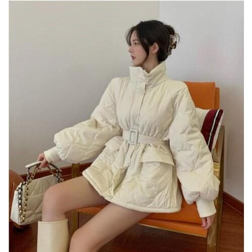 Autumn Winter Women Coat Jacket Parkas Warm With Belt Casual 2020 Loose Pocket Bubble Khaki Sashes Short Jackets Thick CL795