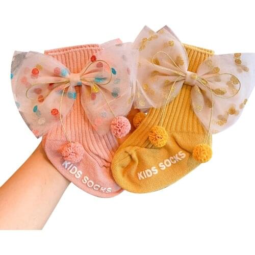Autumn Winter Ribbed Childrens Socks Toddlers' Non-Slip Cherry Ball Bow Stockings Indoor Wear for Girls