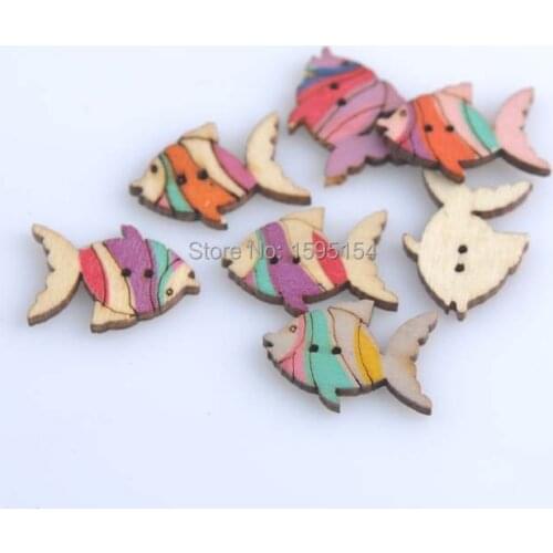 Iridescence Color fish Wooden decorative buttons For handmake Scrapbooking Crafts 50pcs 20x27mm 2 Holes XD0318-3