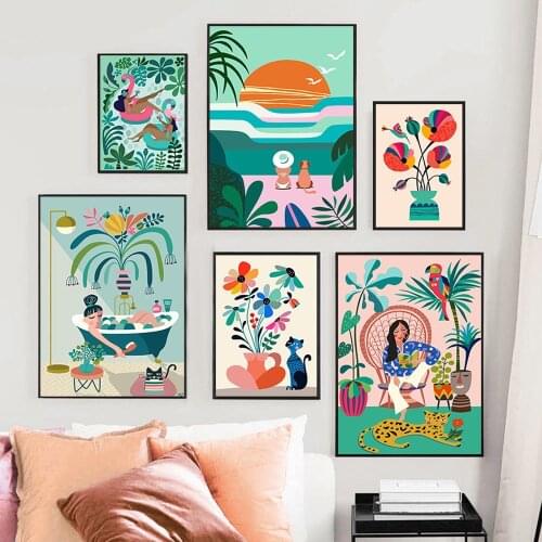 Self-adhesive Wall Sticker Tropical Plants Cat Girl Wall Art Painting Nordic Posters Prints Vintage Wall Pictures Room Decor