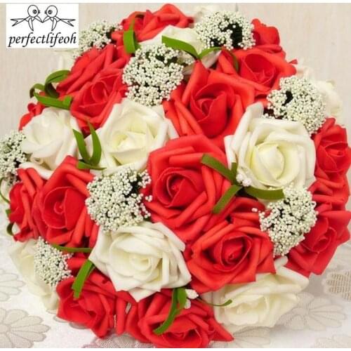 Bridal Wedding Bouquet Bridesmaid Artificial PE Rose Flower Fake Pearl Pink Bouquet Wedding Supplies Festival Decorations