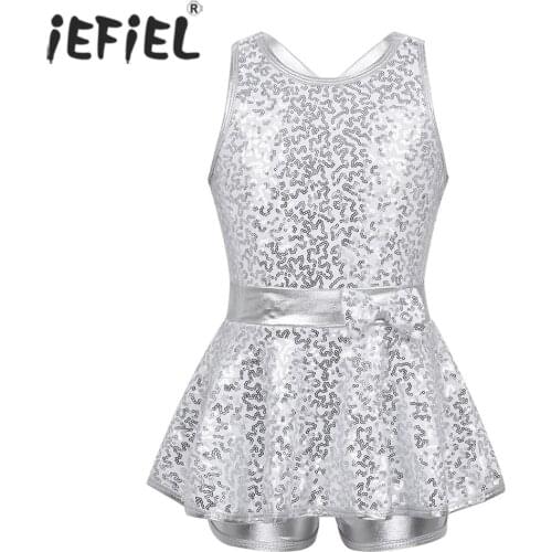 Teen Girls Jazz Dancewear Ice Skating Gymnastics Costumes Sequined Criss Cross Back Bowknot Kids Ballet Dance Wear Leotard Dress