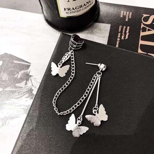 Hip Hop Chained Butterfly Earring Trendy Punk Stud Earrings For Women Girls Butterfly Ear Clips Fashion Ear Jewelry Gifts