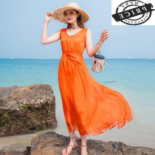 Vintage Summer 100% Real Silk Dress Women Clothes 2021 Ladies Boho Elegant Beach Maxi Dresses Evening Party Vestidos a011