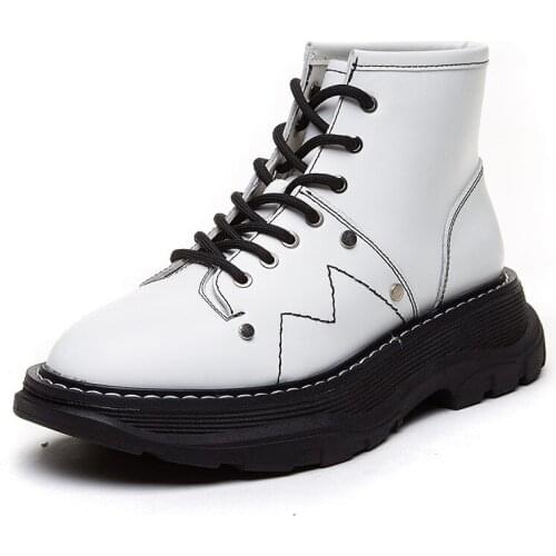 High Quality Leather Boots Female Thick-soled Solid Color Lace Round Head Short Boots Women Boots