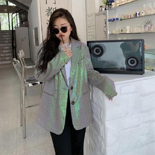2021 New Fashion Women Shining Sequins Split Blazer women New Lapel Long Sleeve Loose Fit Jacket Fashion Tide Spring Autumn A994