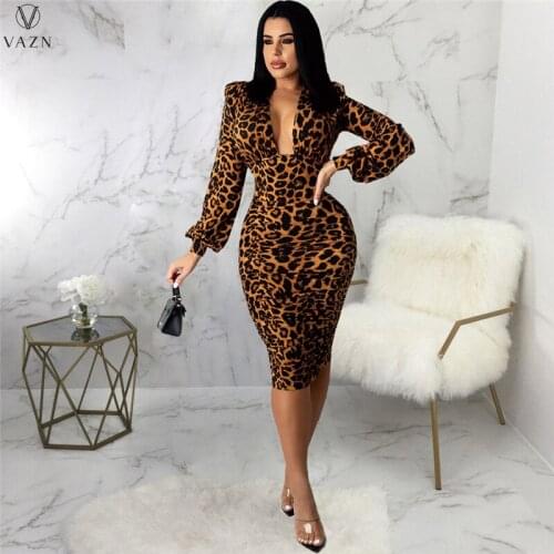 VAZN 2021 Autumn High Quality Mature Sexy Overalls Long Dress Deep V-Neck Full Sleeve High Waist Young Vestidos For Female