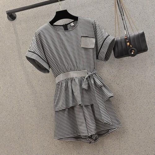 Plus size women Summer plaid suits female office ladies 2 piece shorts set short sleeve tunic shirts top and wide leg pant suits