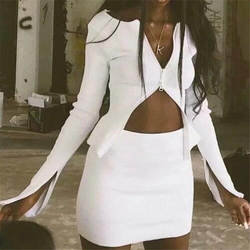 Matching Set Women Skirt and Top Set Tracksuit Women Bodycon Streetwear Lounge Wear White Ribbed Top Zip Up Sweater Ribbed Skirt