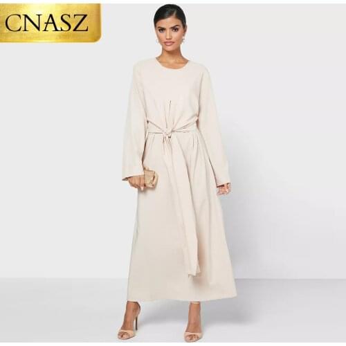 2021 Fashion Elegant Solid Color Multi Way Fashion Modest Clothing Black Long Dress With Wide Belt Tie Abaya Muslim Dresses