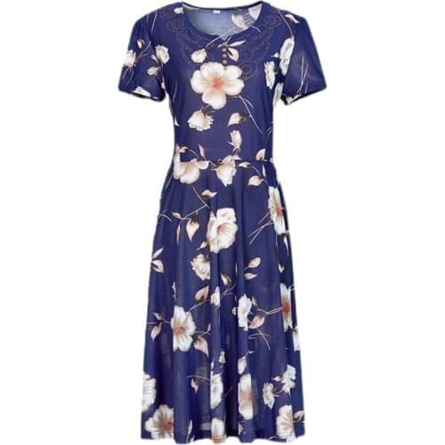 Middle-aged Women Summer Flower Print Long Dress Ladies Elegant O-Neck Short Sleeve Beach Dress 5XL Female Vestidos