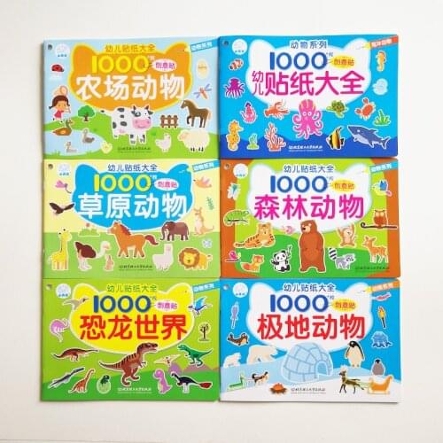 6Pcs/set 1000+ Stickers Animals Stickers&Coloring Books for Little Kids /Toddlers Activity Fun Books