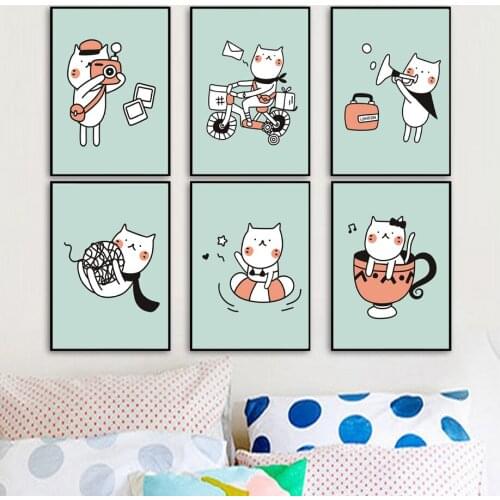Abstract Canvas Painting Happy Cat Wall Art Nordic Posters And Prints Pictures Modern For Baby Boy Girl Room Nursery Home Decor