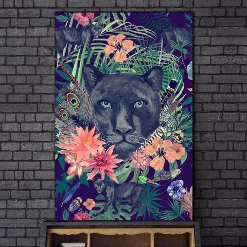 Black Leopard in Flowers Abstract Canvas Paintings on the Wall Art Posters and Prints Animals Modern Pictures For Living Room