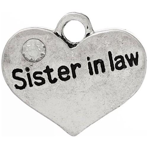 DoreenBeads Charm Pendants Heart Family Member Silver Color "Sister In Law"Carved Clear Rhinestone 17mmx15mm,20PCs