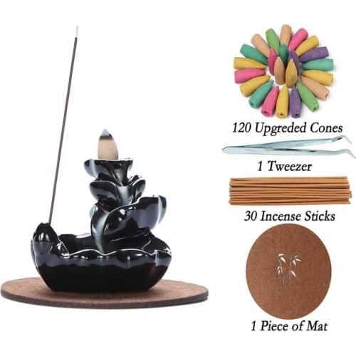 Smoke Waterfall Incense Sticks Holder Ceramic Backflow Incense Burner With 120 Incense Cones + 30 Stick Incense Home Decor