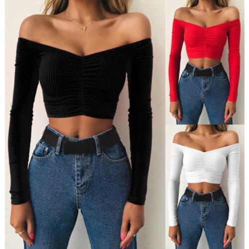 Summer Autumn Sexy Off Shoulder Women Long Sleeve T-Shirt Casual Pullover Tops Slim bodycon Fashion basic Shirt Crop Tops