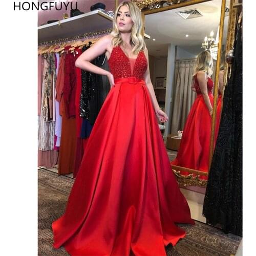 HONGFUYU Custom Floor Length A-line Prom Dresses 2020 Red vestido de formatura longo Beading Sheer Deep V-neck Evening Dresses